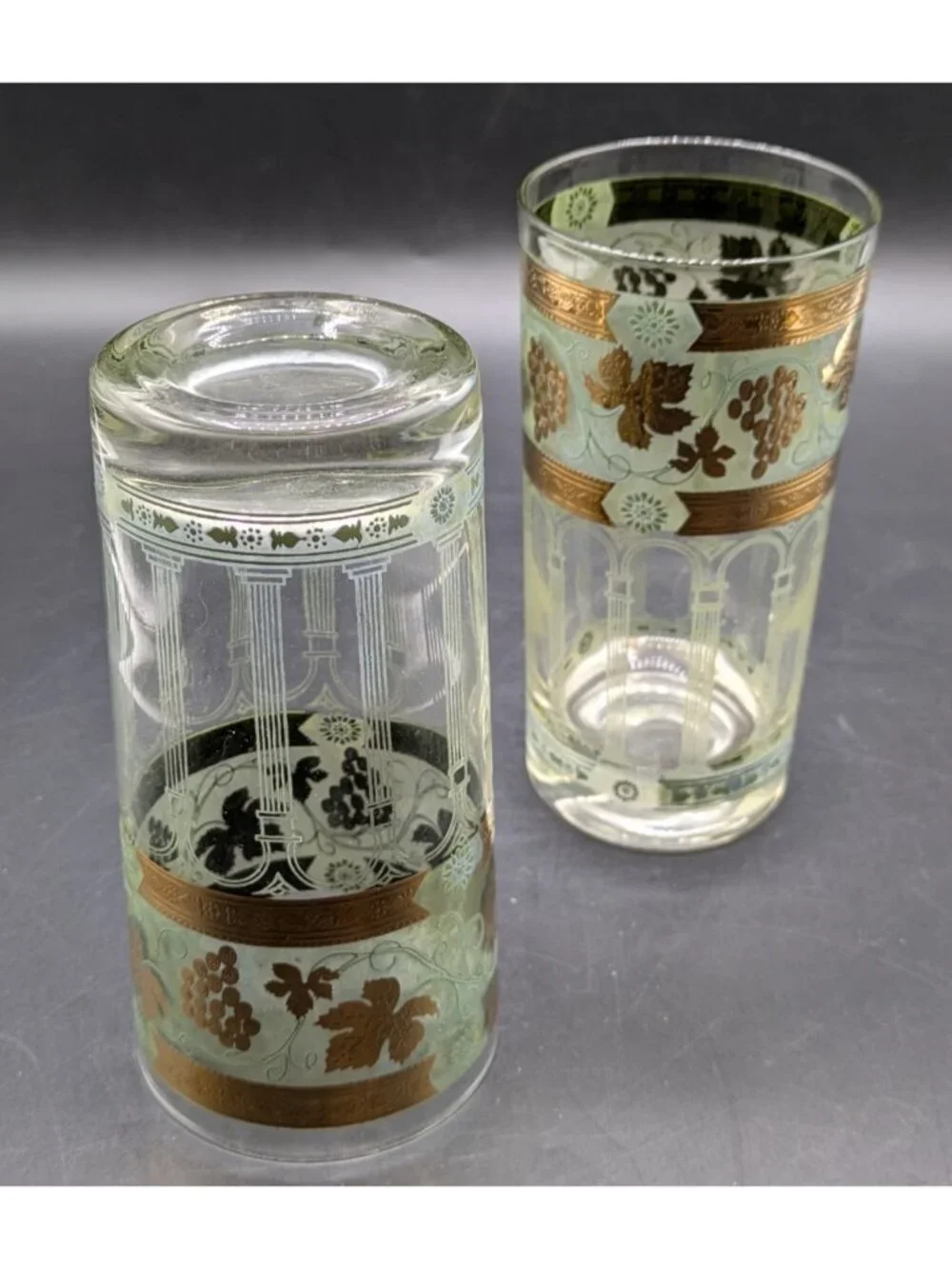 Vintage Cera Green Gold Grape Highball Glasses Set of 2 Tumblers 12 oz
